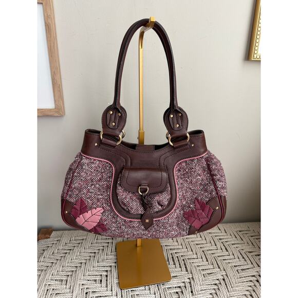 Celine Burgundy Leather and Tweed Handbag - Picture 1 of 11